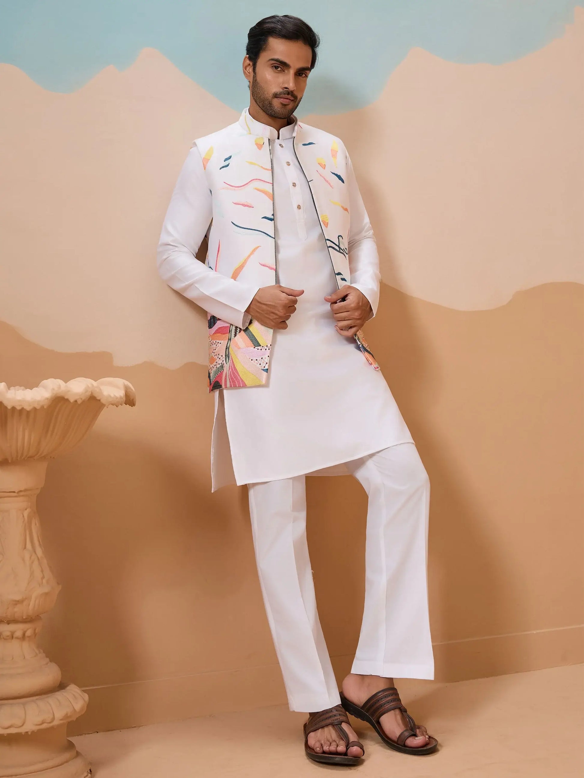 Wonderful White Embroidered Silk Marriage Wear Men Kurta Set With Jacket