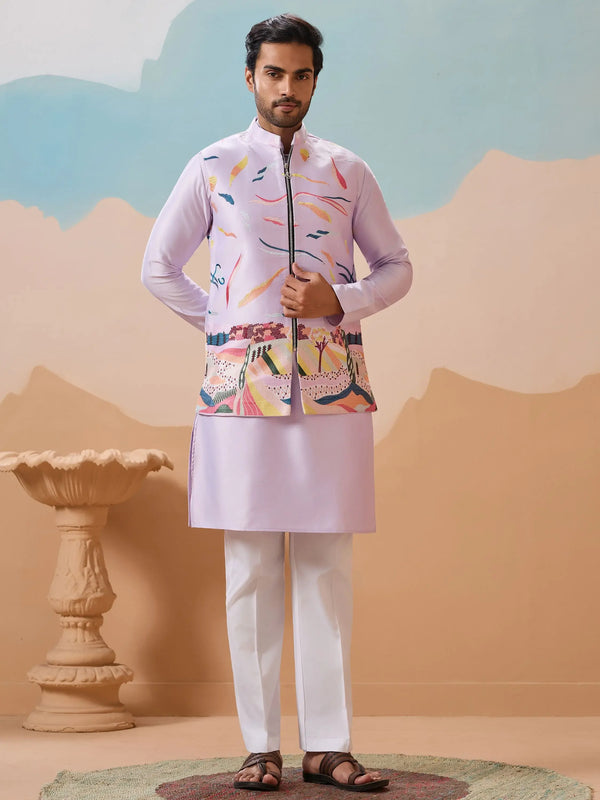 Marvelous Lavender Thread Embroidery Silk Men Kurta Set With Jacket