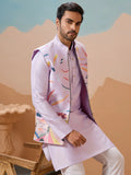 Marvelous Lavender Thread Embroidery Silk Men Kurta Set With Jacket