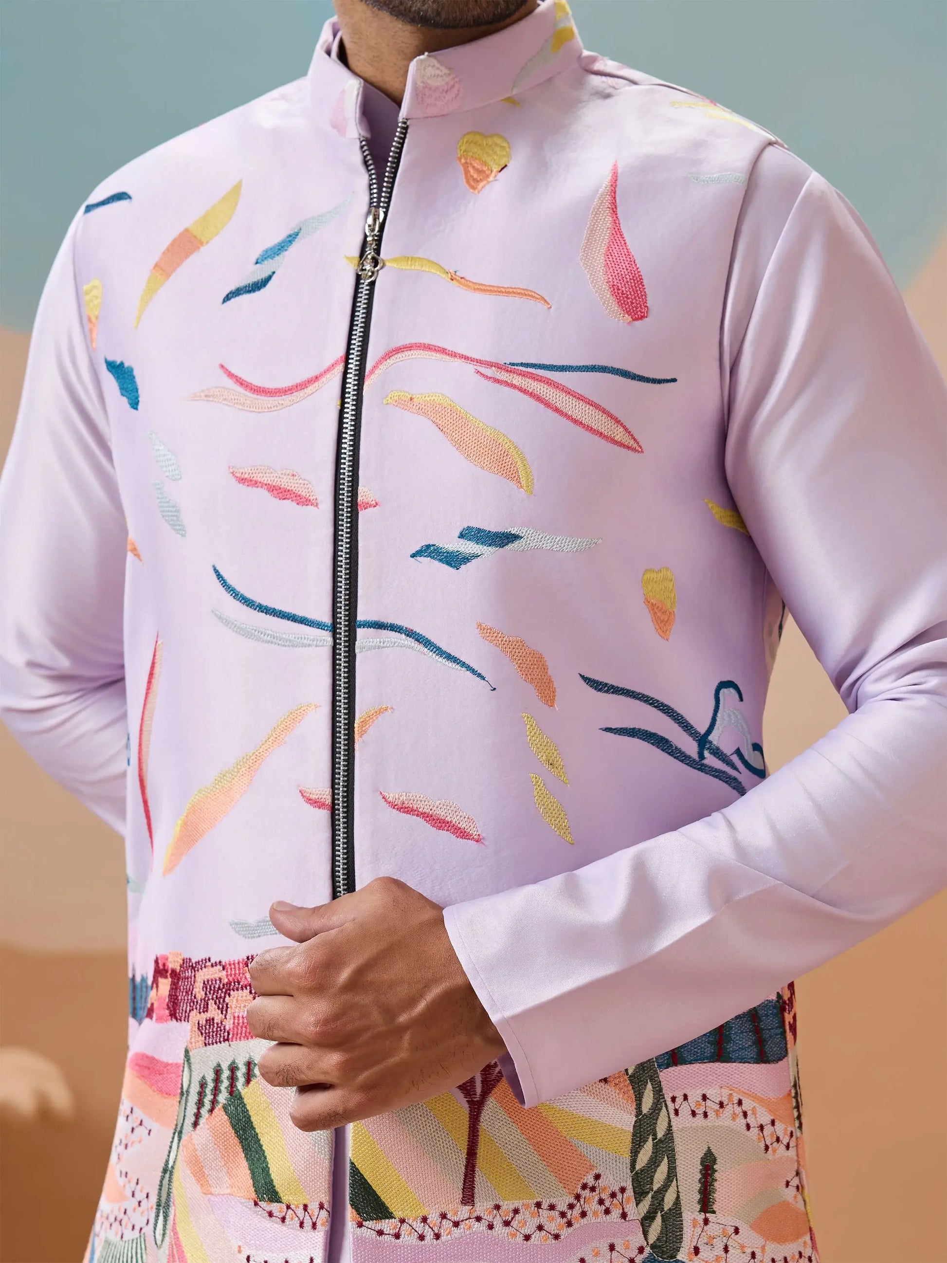 Marvelous Lavender Thread Embroidery Silk Men Kurta Set With Jacket