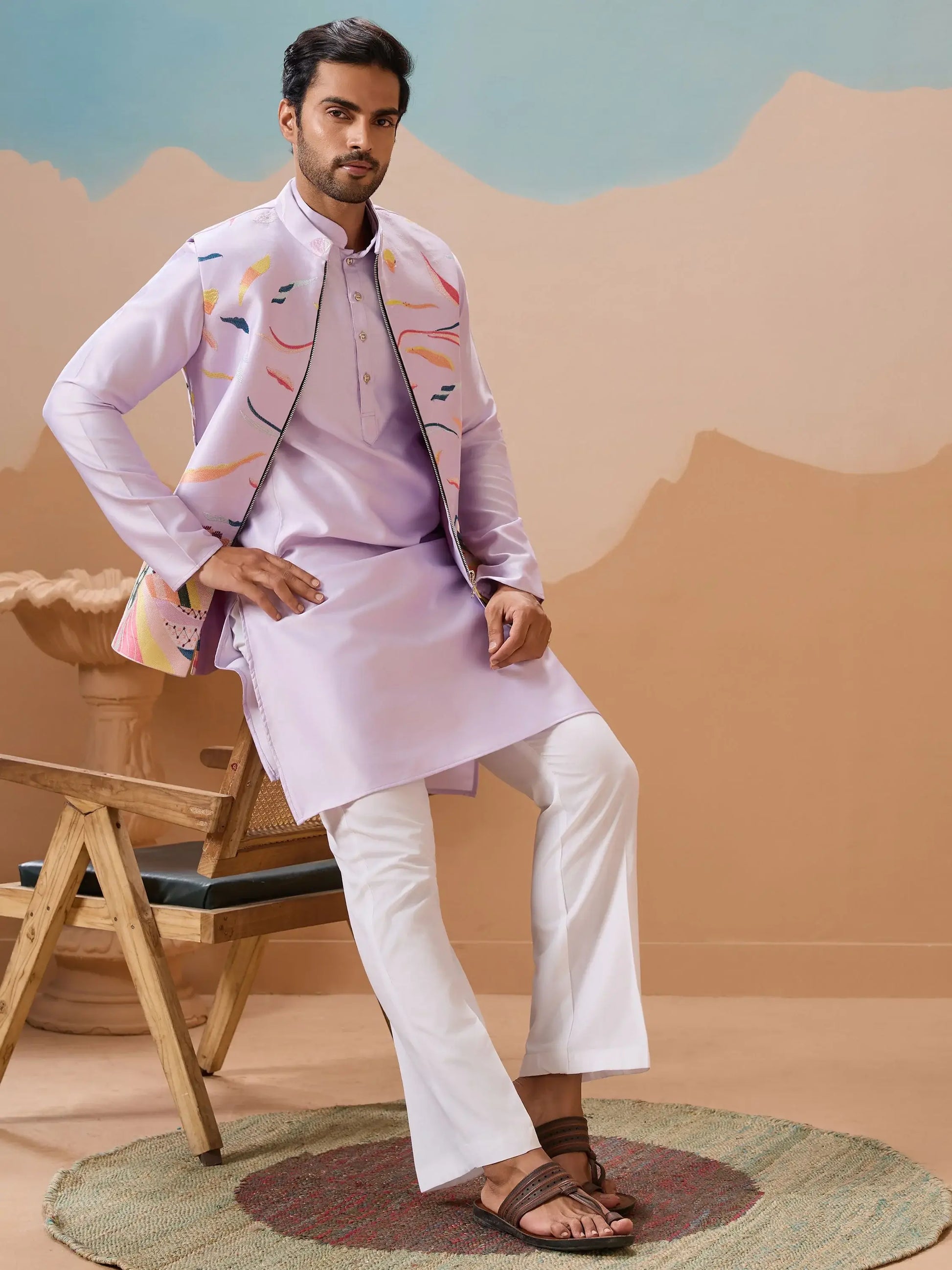 Marvelous Lavender Thread Embroidery Silk Men Kurta Set With Jacket