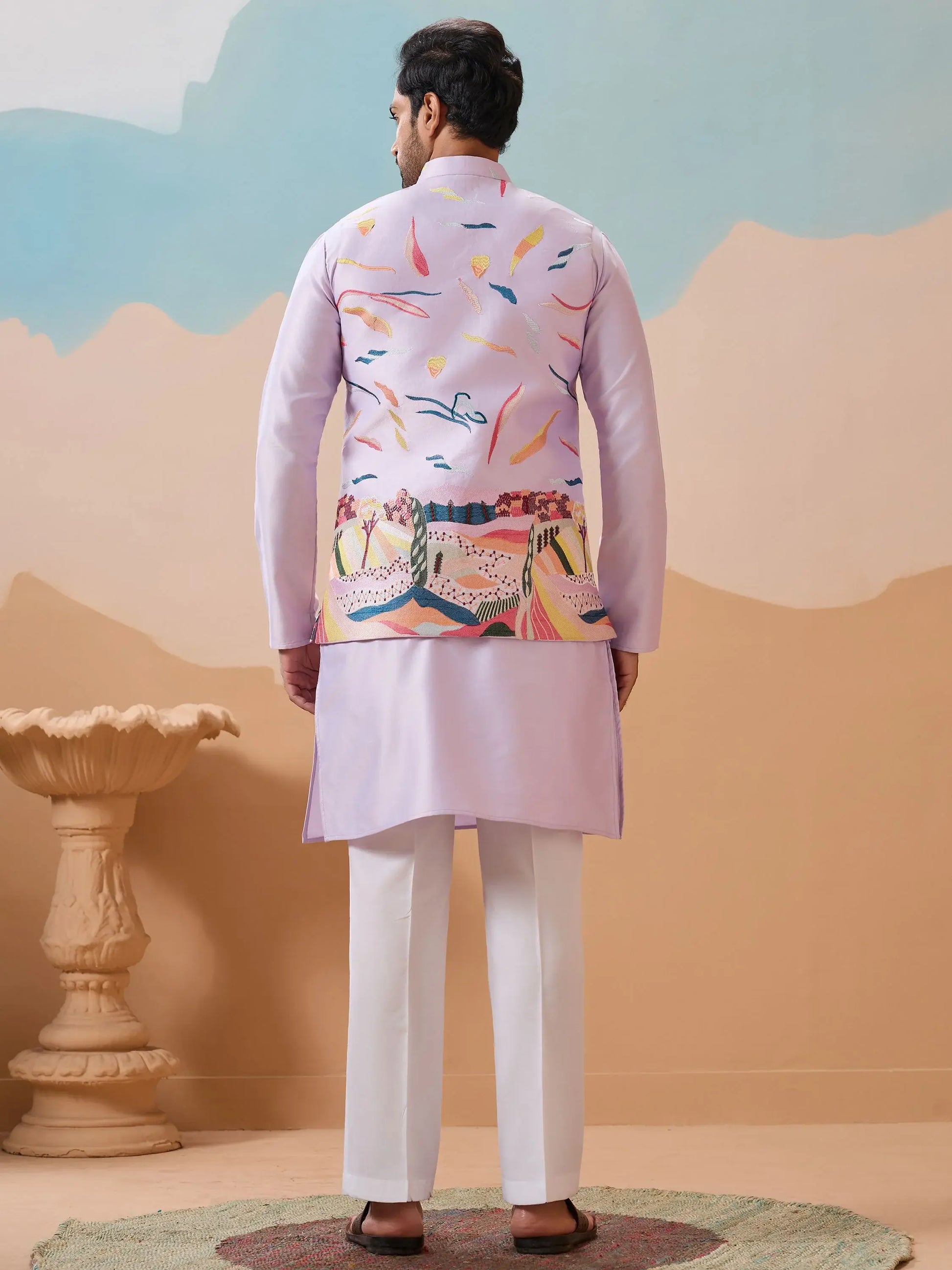 Marvelous Lavender Thread Embroidery Silk Men Kurta Set With Jacket