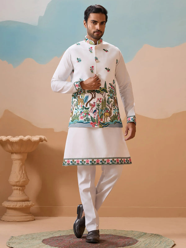 Classic White Thread Embroidery Silk Men Festive Wear Kurta Pant With Jacket