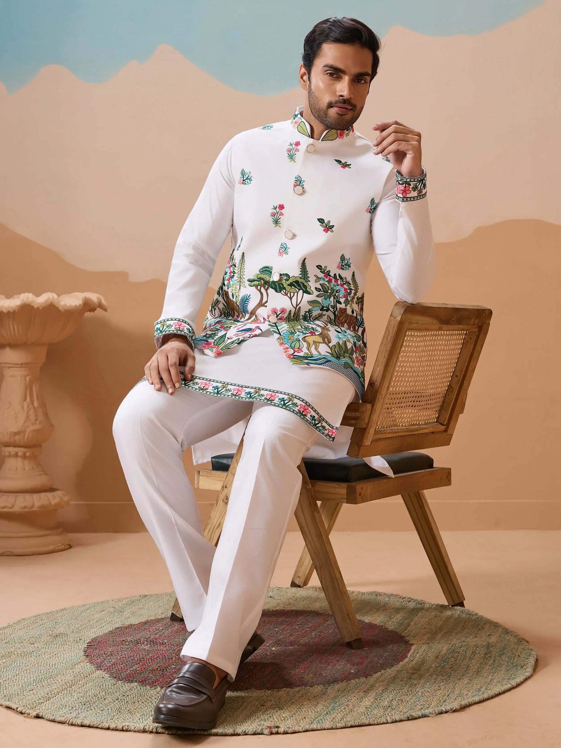 Classic White Thread Embroidery Silk Men Festive Wear Kurta Pant With Jacket