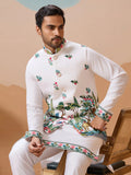 Classic White Thread Embroidery Silk Men Festive Wear Kurta Pant With Jacket