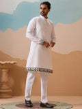 Classic White Thread Embroidery Silk Men Festive Wear Kurta Pant With Jacket