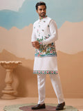 Classic White Thread Embroidery Silk Men Festive Wear Kurta Pant With Jacket