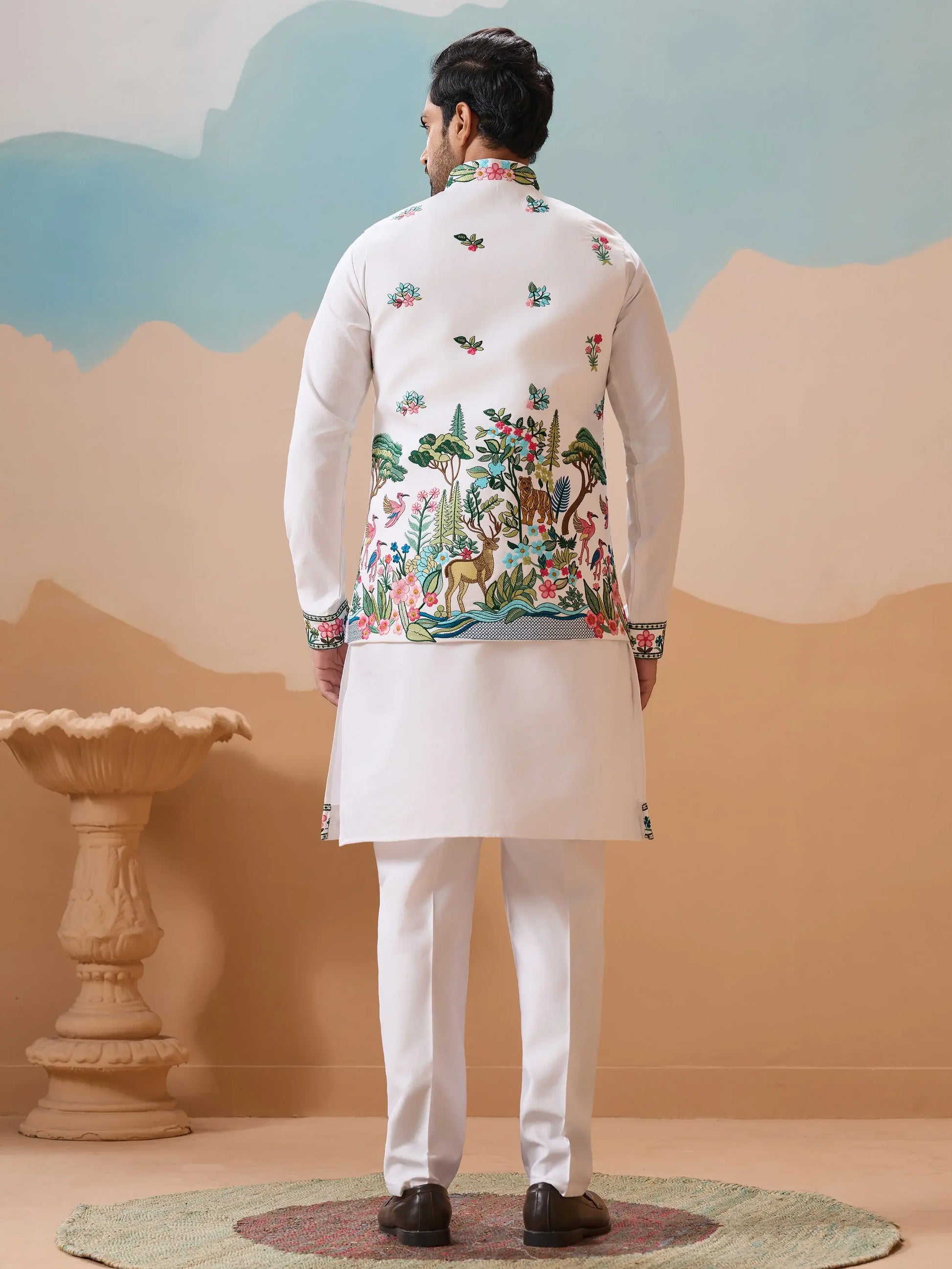 Classic White Thread Embroidery Silk Men Festive Wear Kurta Pant With Jacket