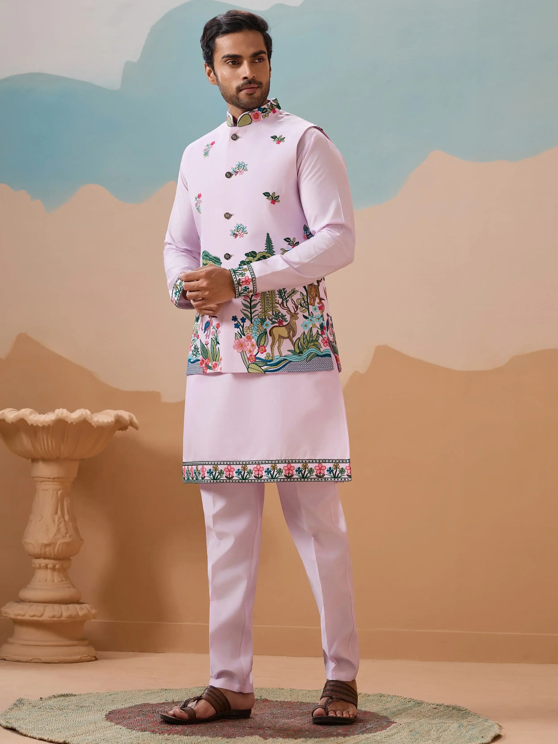 Stylish Lavender Embroidered Silk Men Engagement Wear Kurta Pant With Jacket