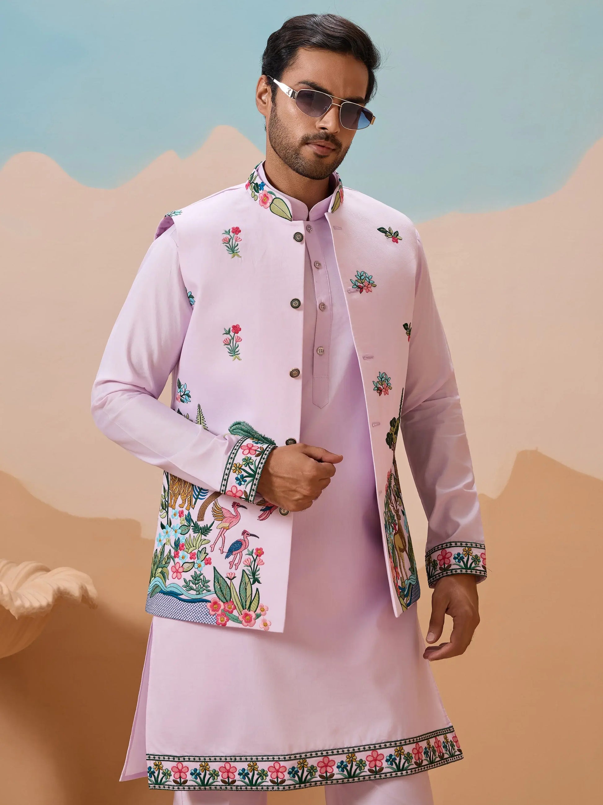 Stylish Lavender Embroidered Silk Men Engagement Wear Kurta Pant With Jacket