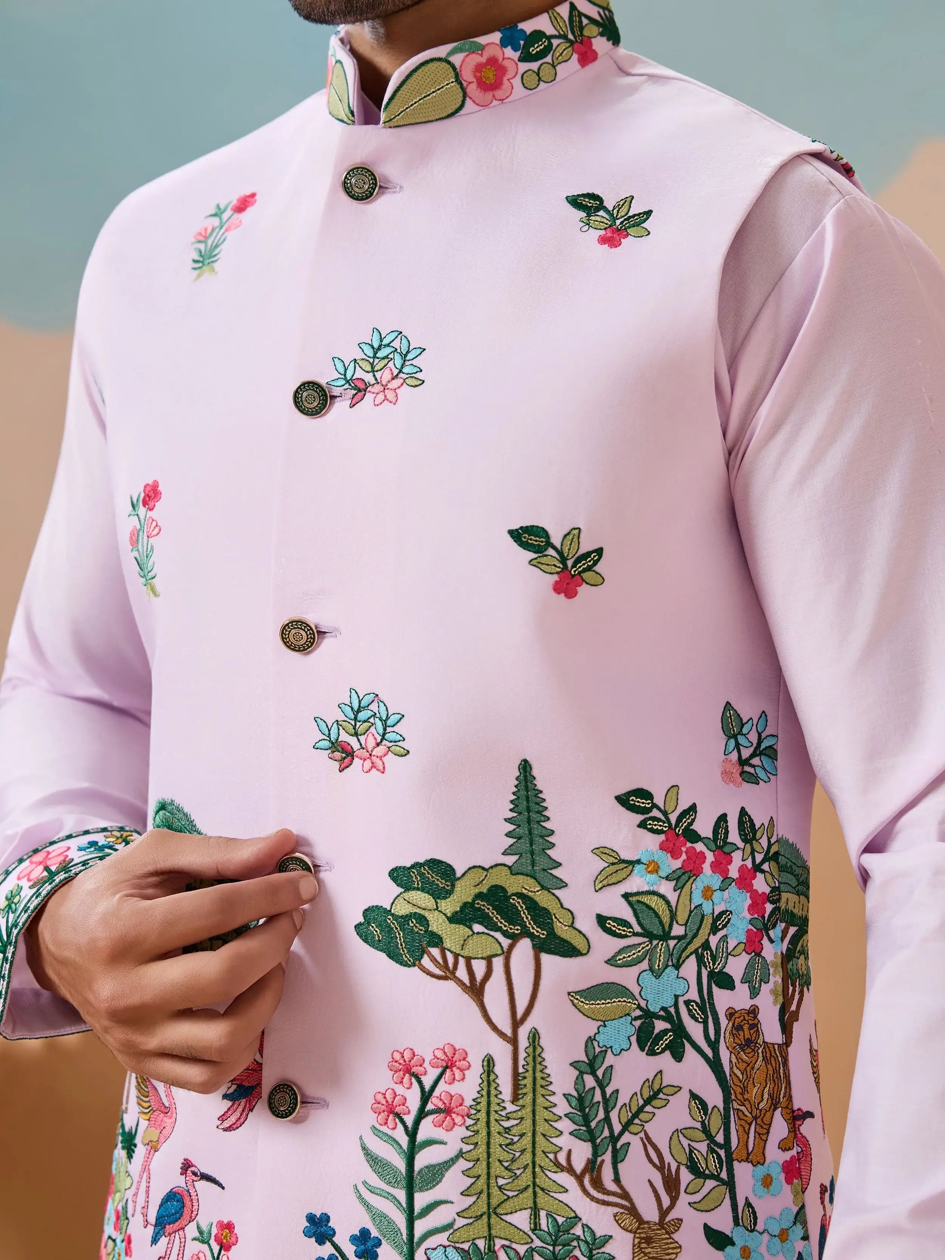 Stylish Lavender Embroidered Silk Men Engagement Wear Kurta Pant With Jacket