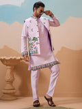 Stylish Lavender Embroidered Silk Men Engagement Wear Kurta Pant With Jacket