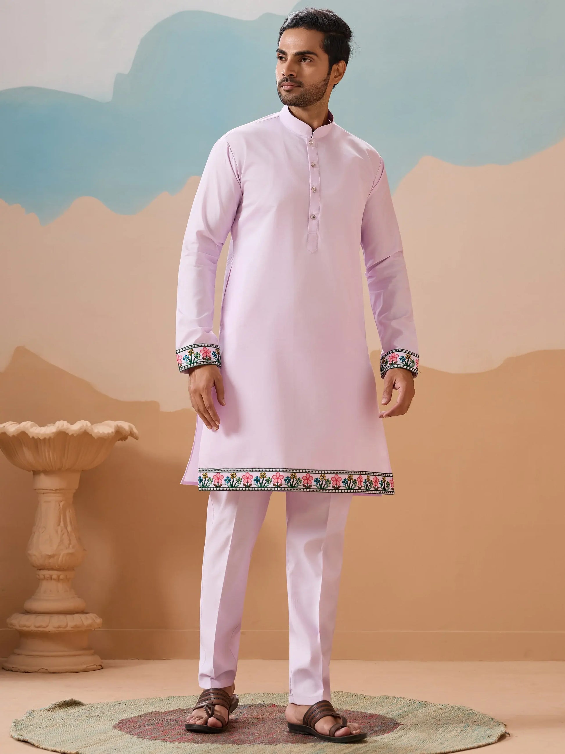 Stylish Lavender Embroidered Silk Men Engagement Wear Kurta Pant With Jacket