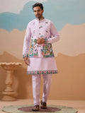 Stylish Lavender Embroidered Silk Men Engagement Wear Kurta Pant With Jacket