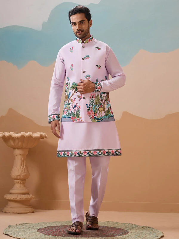 Stylish Lavender Embroidered Silk Men Engagement Wear Kurta Pant With Jacket