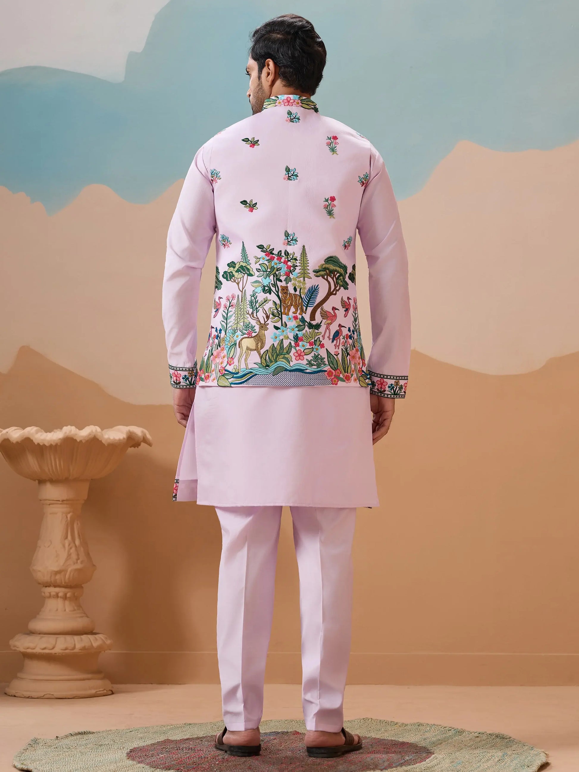 Stylish Lavender Embroidered Silk Men Engagement Wear Kurta Pant With Jacket