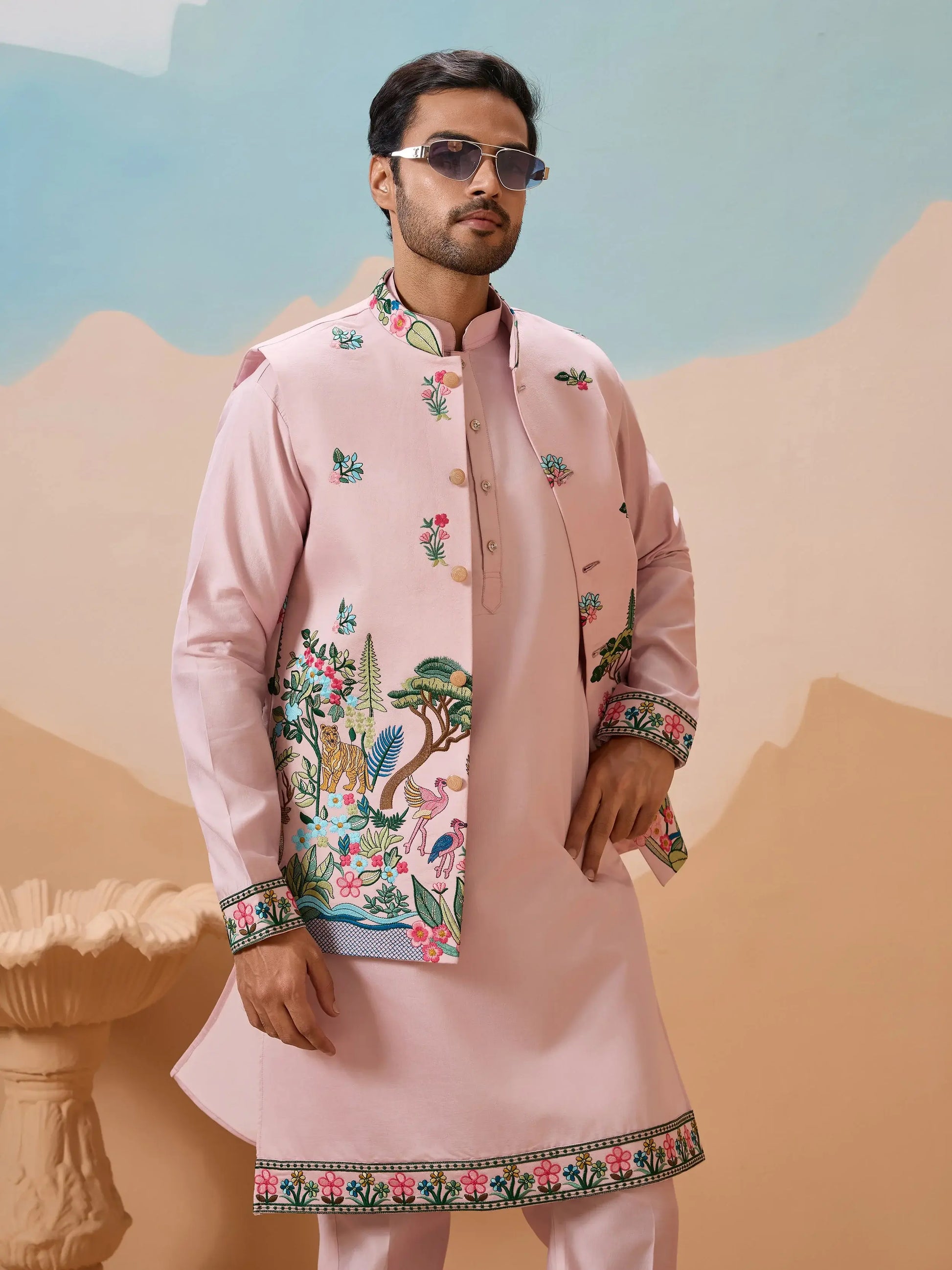 Alluring Pink Thread Embroidered Silk Men Reception Wear Kurta Pant With Jacket