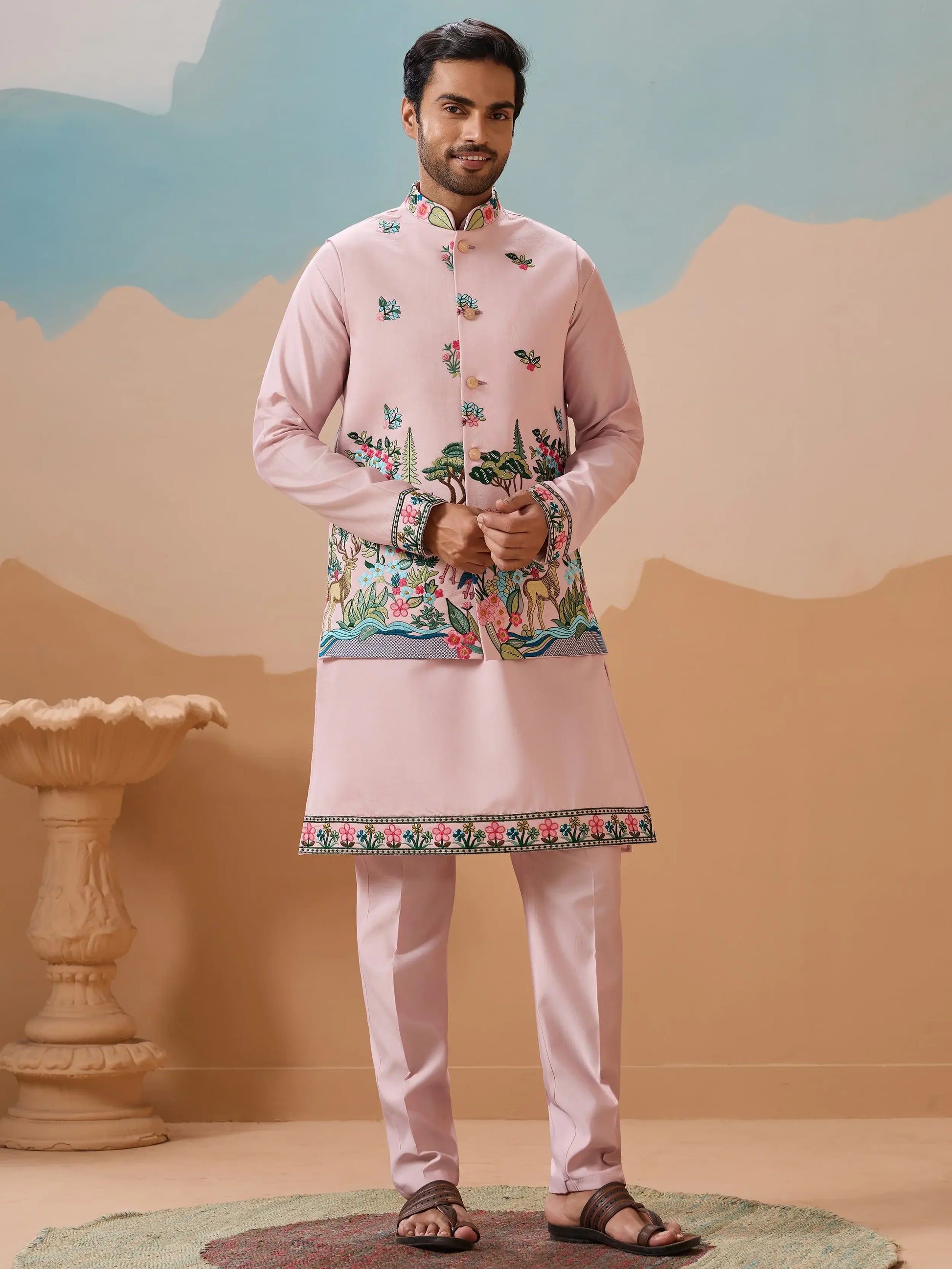 Alluring Pink Thread Embroidered Silk Men Reception Wear Kurta Pant With Jacket