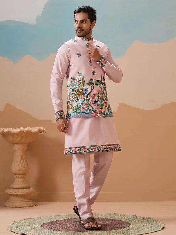 Alluring Pink Thread Embroidered Silk Men Reception Wear Kurta Pant With Jacket