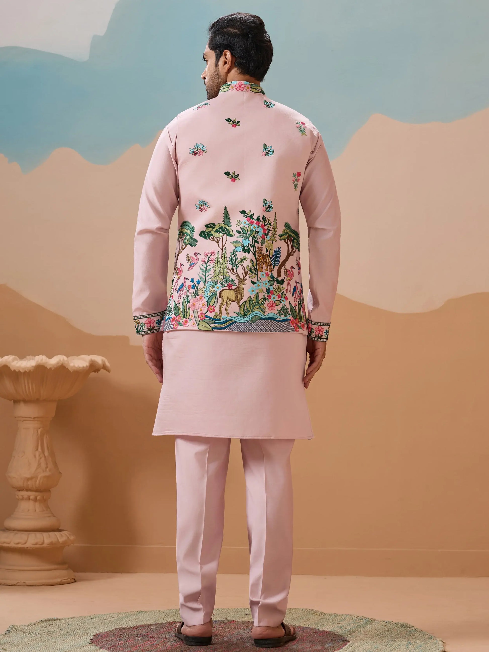 Alluring Pink Thread Embroidered Silk Men Reception Wear Kurta Pant With Jacket