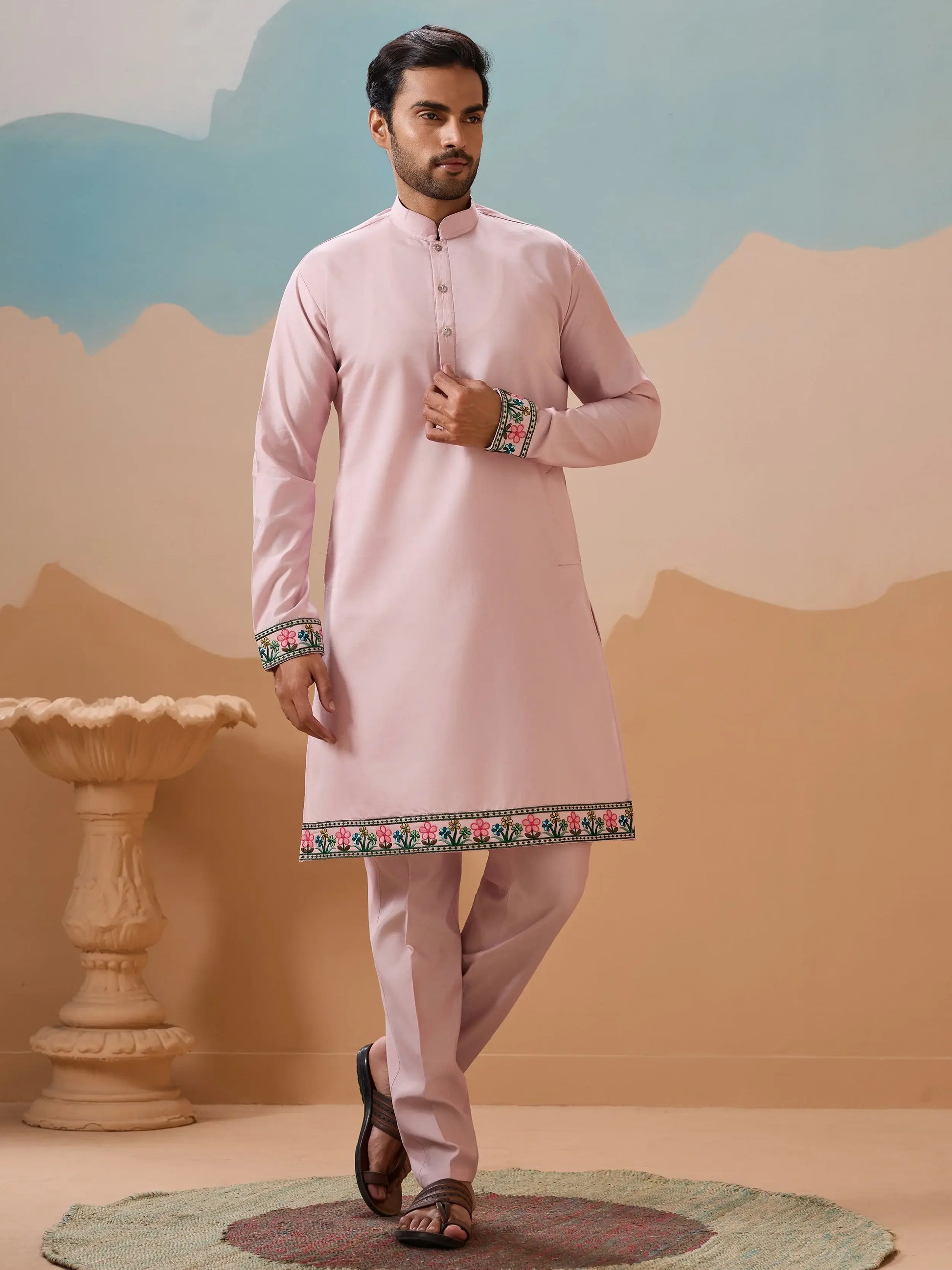 Alluring Pink Thread Embroidered Silk Men Reception Wear Kurta Pant With Jacket
