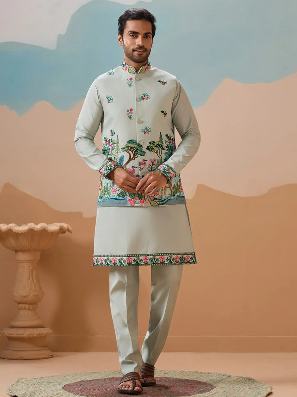 Elegant Pista Green Thread Embroidered Silk Men Marriage Wear Kurta Pant With Jacket