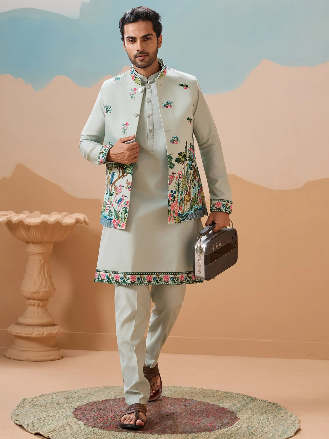 Elegant Pista Green Thread Embroidered Silk Men Marriage Wear Kurta Pant With Jacket