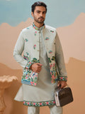 Elegant Pista Green Thread Embroidered Silk Men Marriage Wear Kurta Pant With Jacket