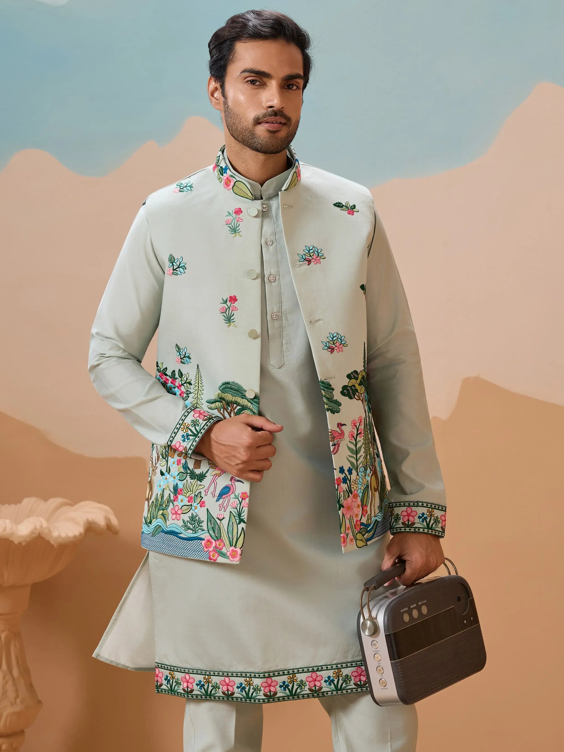 Elegant Pista Green Thread Embroidered Silk Men Marriage Wear Kurta Pant With Jacket