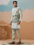 Elegant Pista Green Thread Embroidered Silk Men Marriage Wear Kurta Pant With Jacket