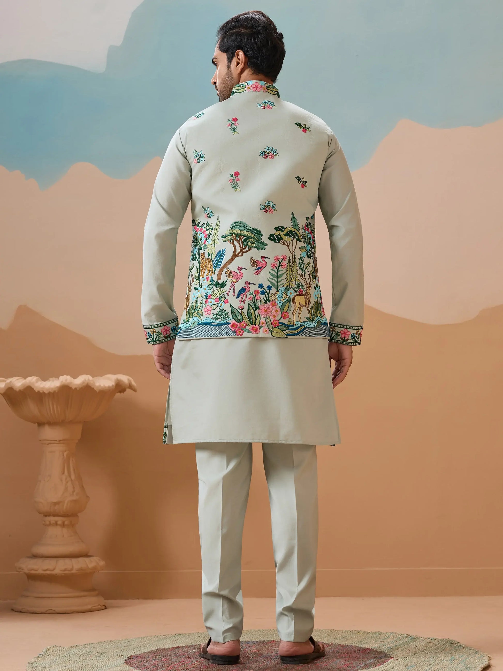 Elegant Pista Green Thread Embroidered Silk Men Marriage Wear Kurta Pant With Jacket