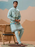 Rich Sky Blue Embroidered Silk Men Event Wear Kurta Pant With Jacket