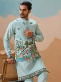 Rich Sky Blue Embroidered Silk Men Event Wear Kurta Pant With Jacket