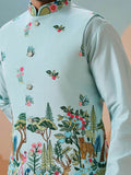 Rich Sky Blue Embroidered Silk Men Event Wear Kurta Pant With Jacket