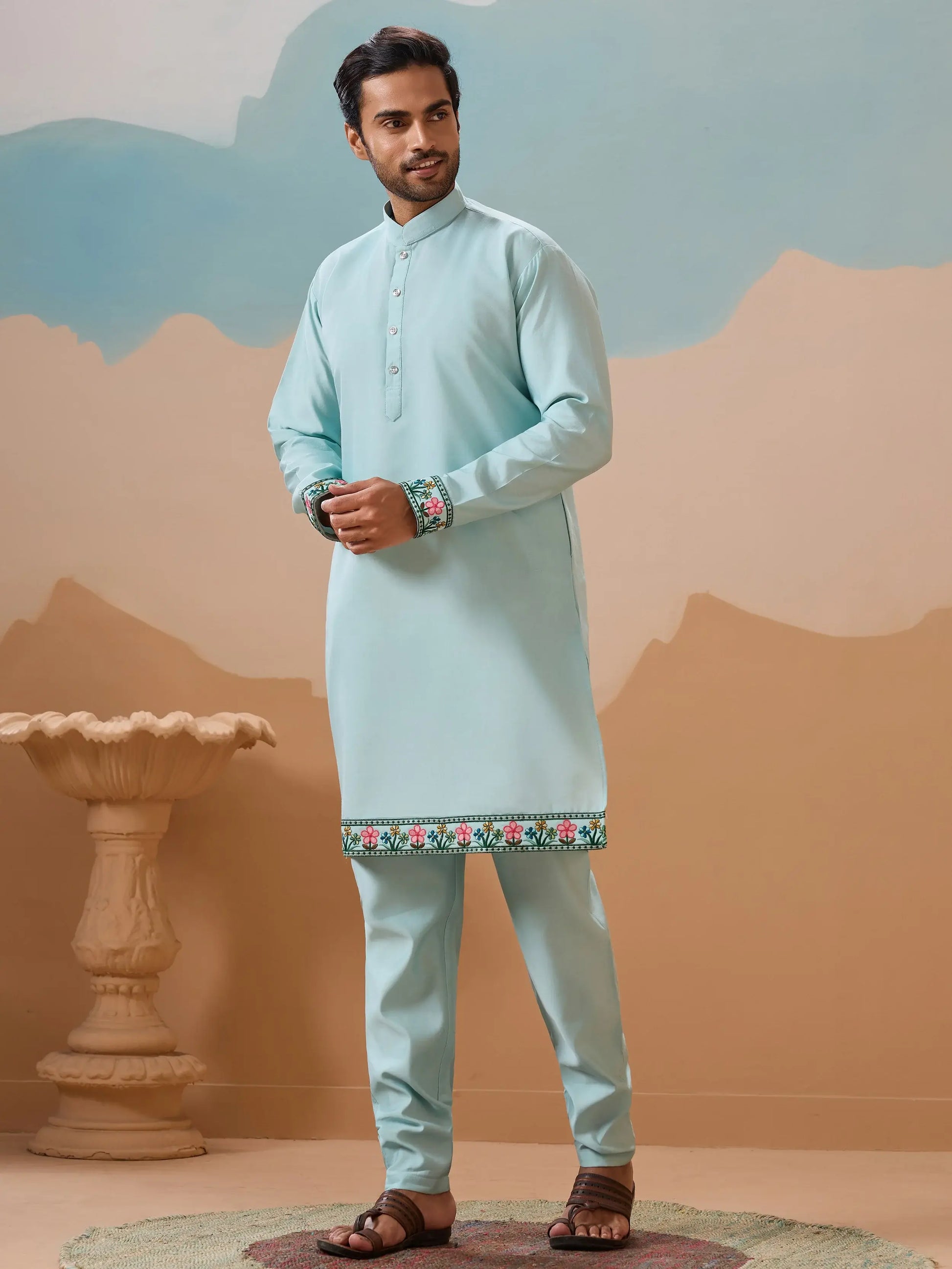 Rich Sky Blue Embroidered Silk Men Event Wear Kurta Pant With Jacket