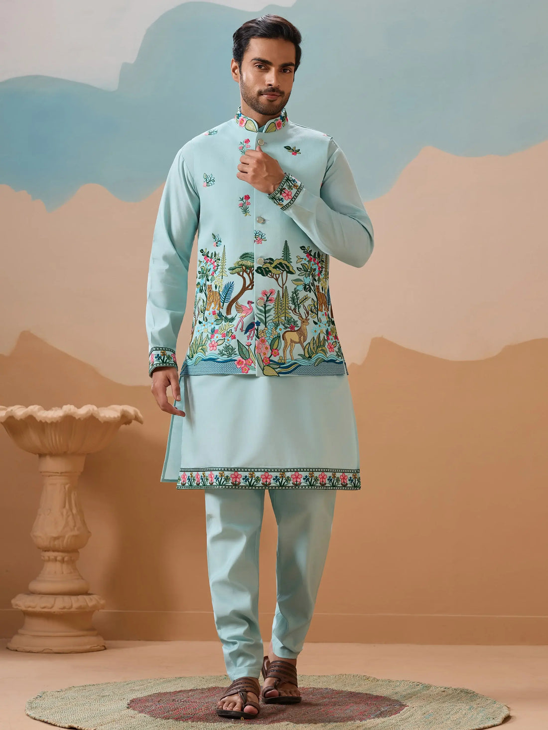 Rich Sky Blue Embroidered Silk Men Event Wear Kurta Pant With Jacket