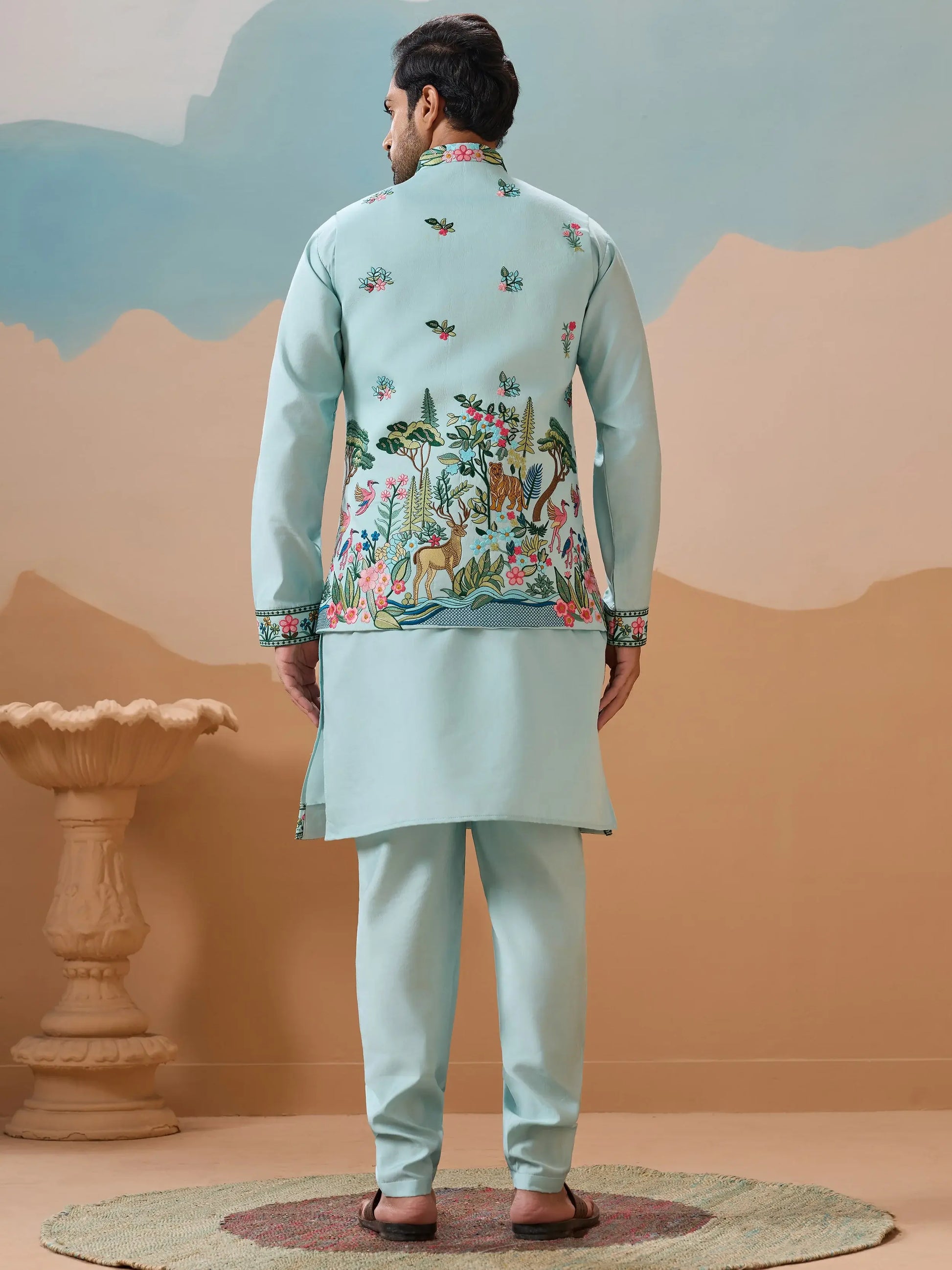 Rich Sky Blue Embroidered Silk Men Event Wear Kurta Pant With Jacket