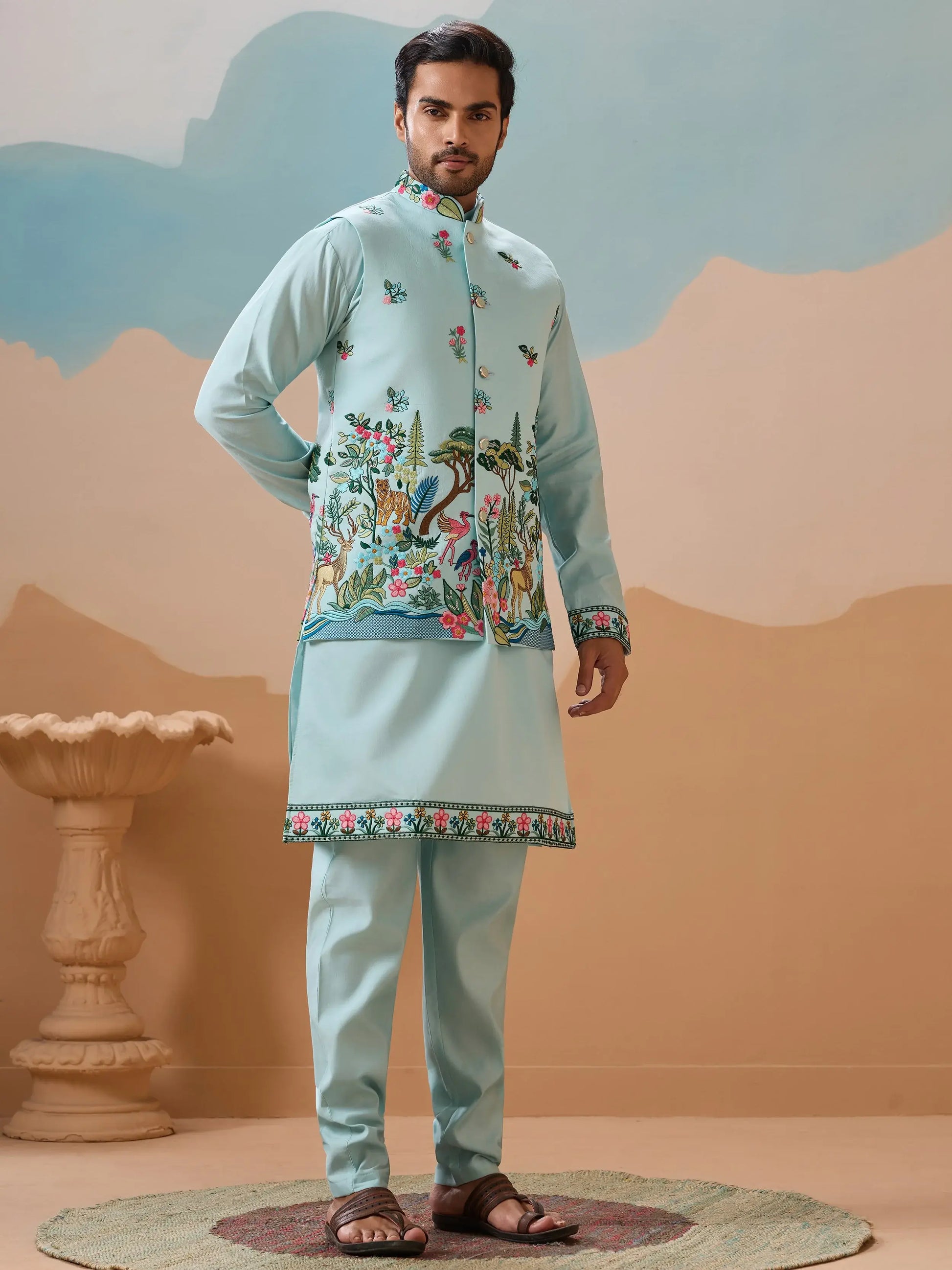 Rich Sky Blue Embroidered Silk Men Event Wear Kurta Pant With Jacket