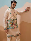 Bewitching Beige Sequins Embroidered Silk Men Function Wear Kurta Pant With Jacket