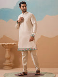 Bewitching Beige Sequins Embroidered Silk Men Function Wear Kurta Pant With Jacket