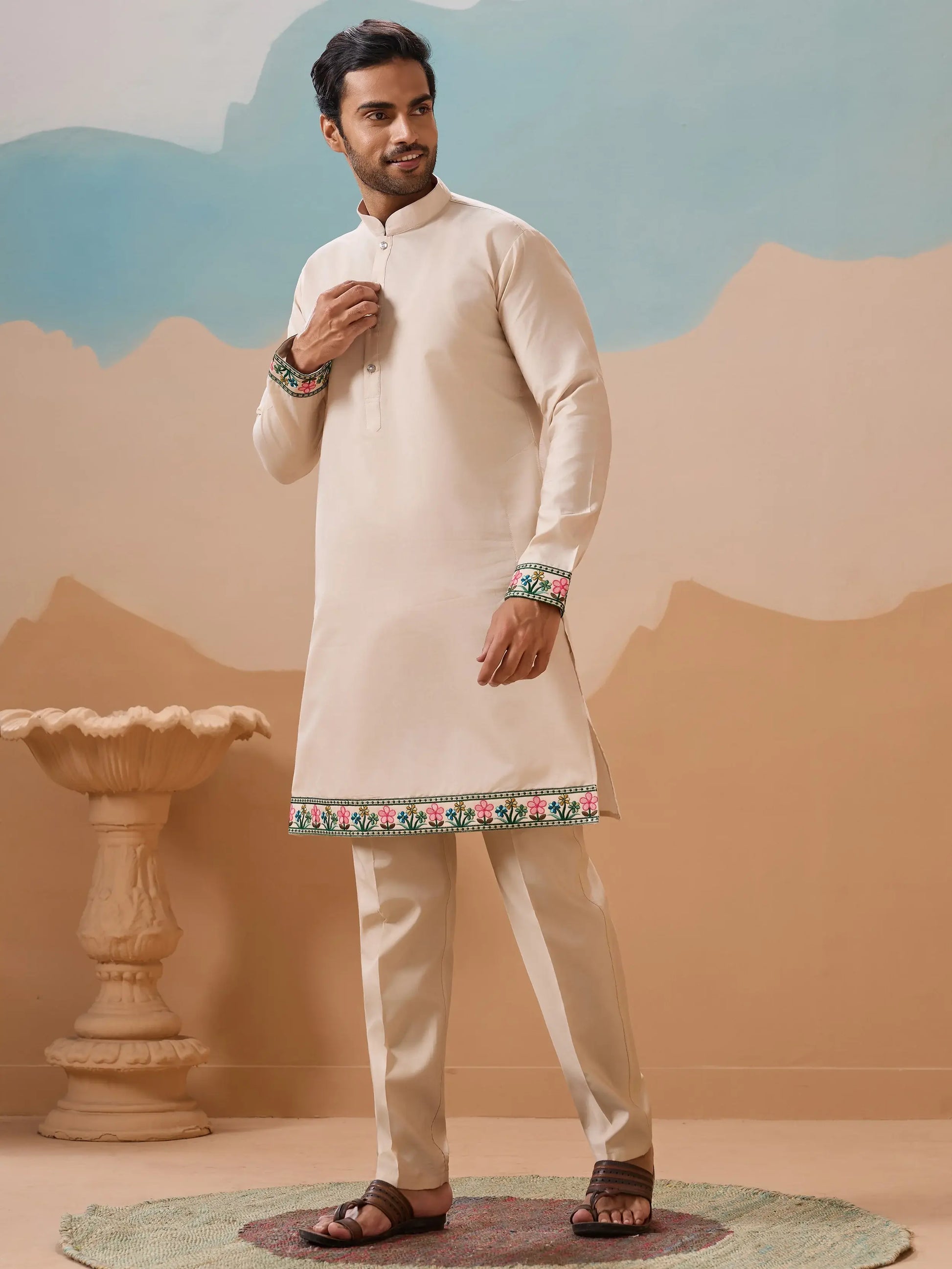 Bewitching Beige Sequins Embroidered Silk Men Function Wear Kurta Pant With Jacket