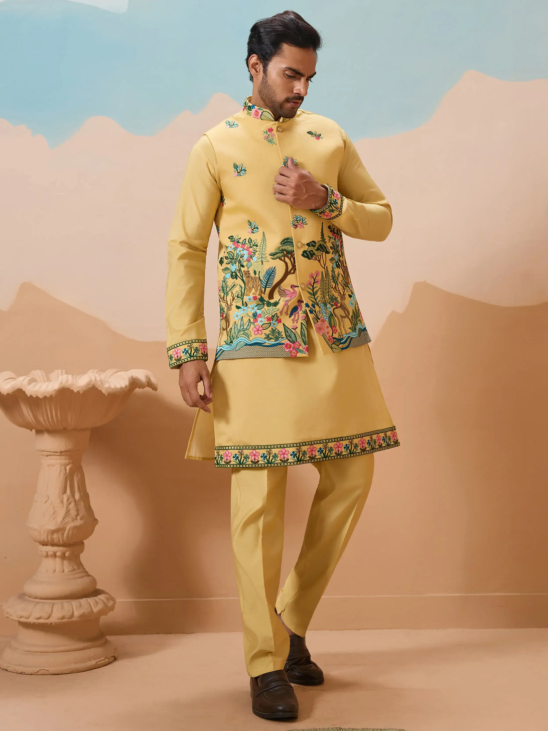 Wonderful Yellow Sequins Work Silk Men Haldi Wear Kurta Pant With Jacket