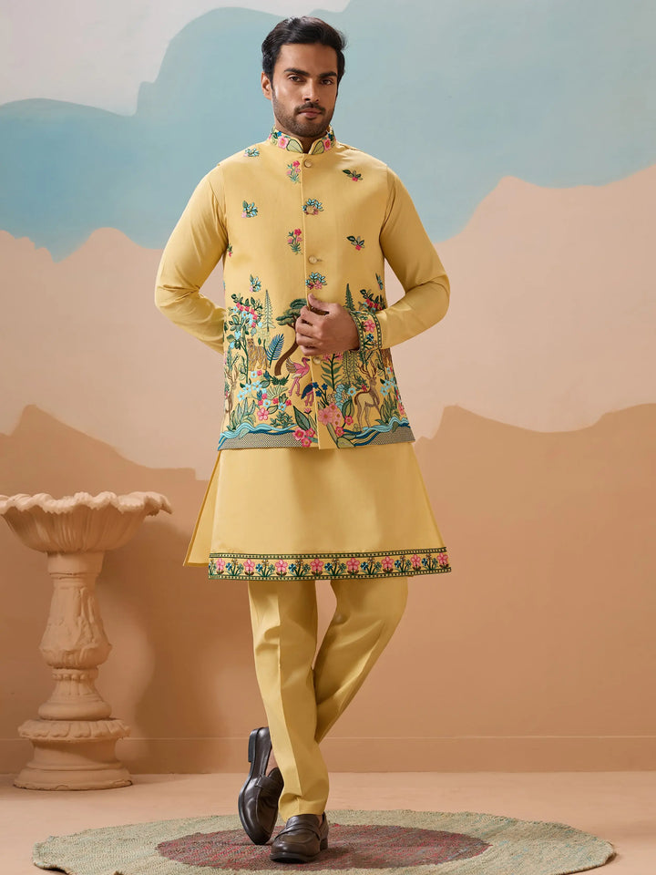 Wonderful Yellow Sequins Work Silk Men Haldi Wear Kurta Pant With Jacket
