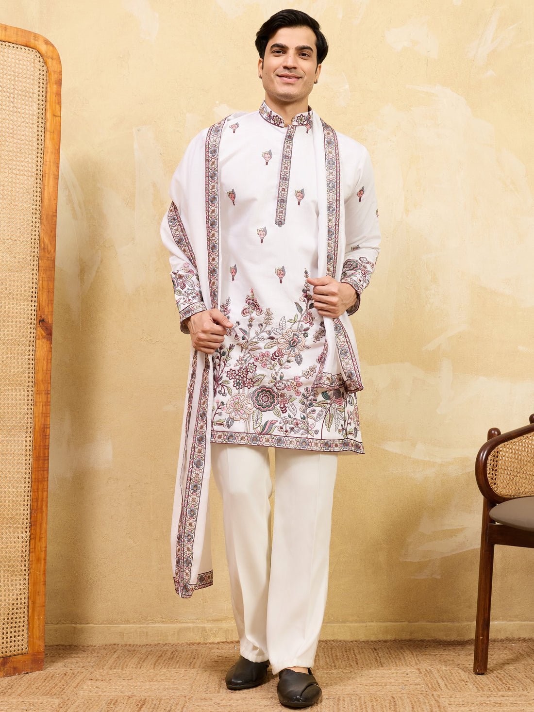 Astonishing White Sequins Work Silk Traditional Men's Kurta With Dupatta