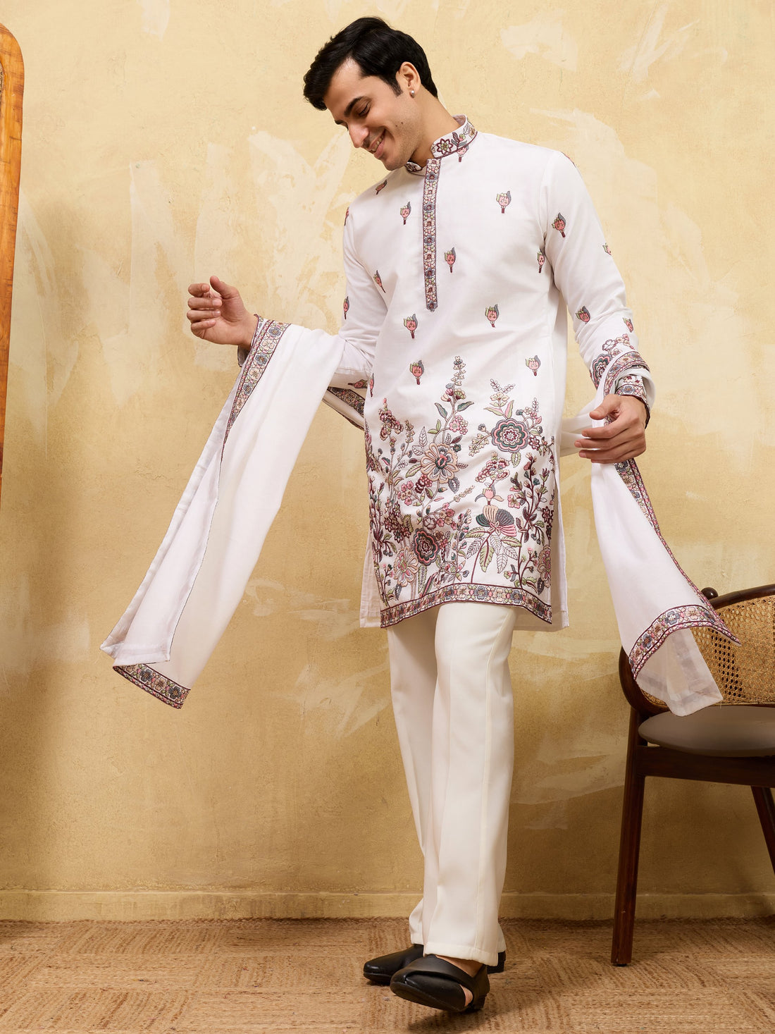 Astonishing White Sequins Work Silk Traditional Men's Kurta With Dupatta
