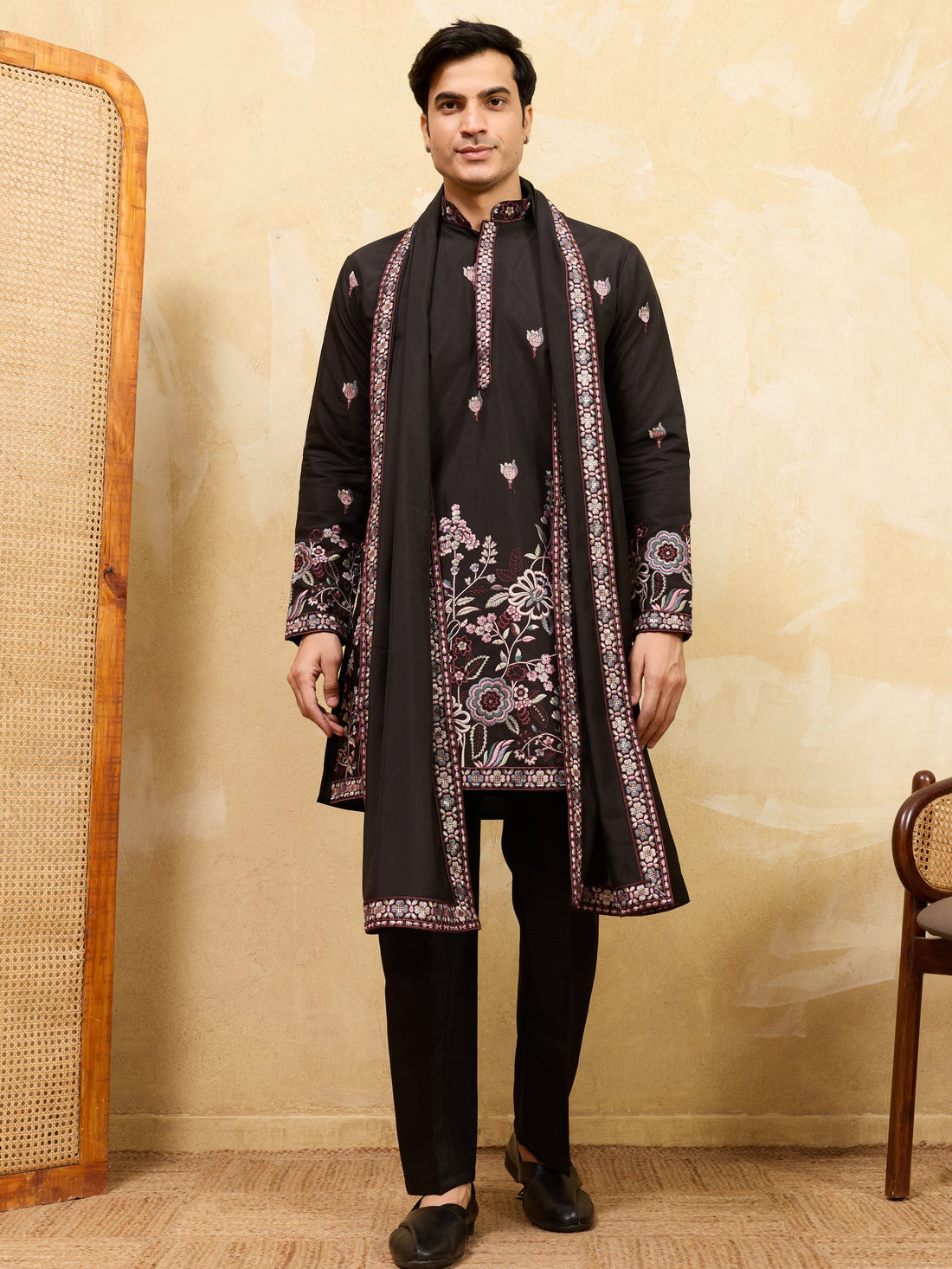 Outstanding Black Thread Embroidery Viscose Silk Marriage Wear Men's Kurta With Dupatta