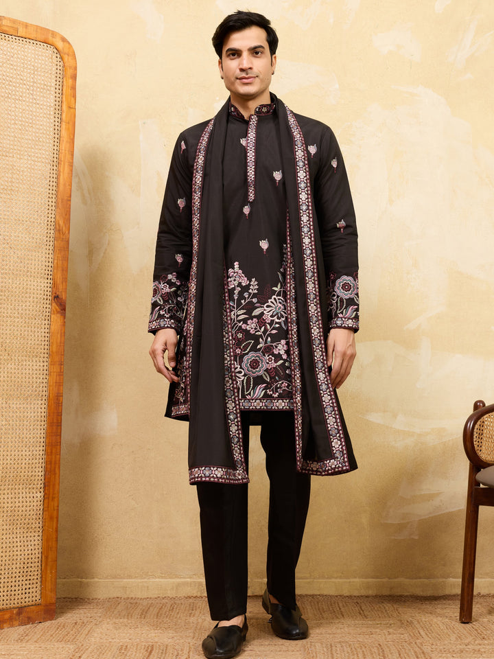 Outstanding Black Thread Embroidery Viscose Silk Marriage Wear Men's Kurta With Dupatta