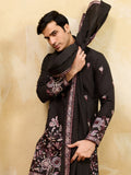 Outstanding Black Thread Embroidery Viscose Silk Marriage Wear Men's Kurta With Dupatta