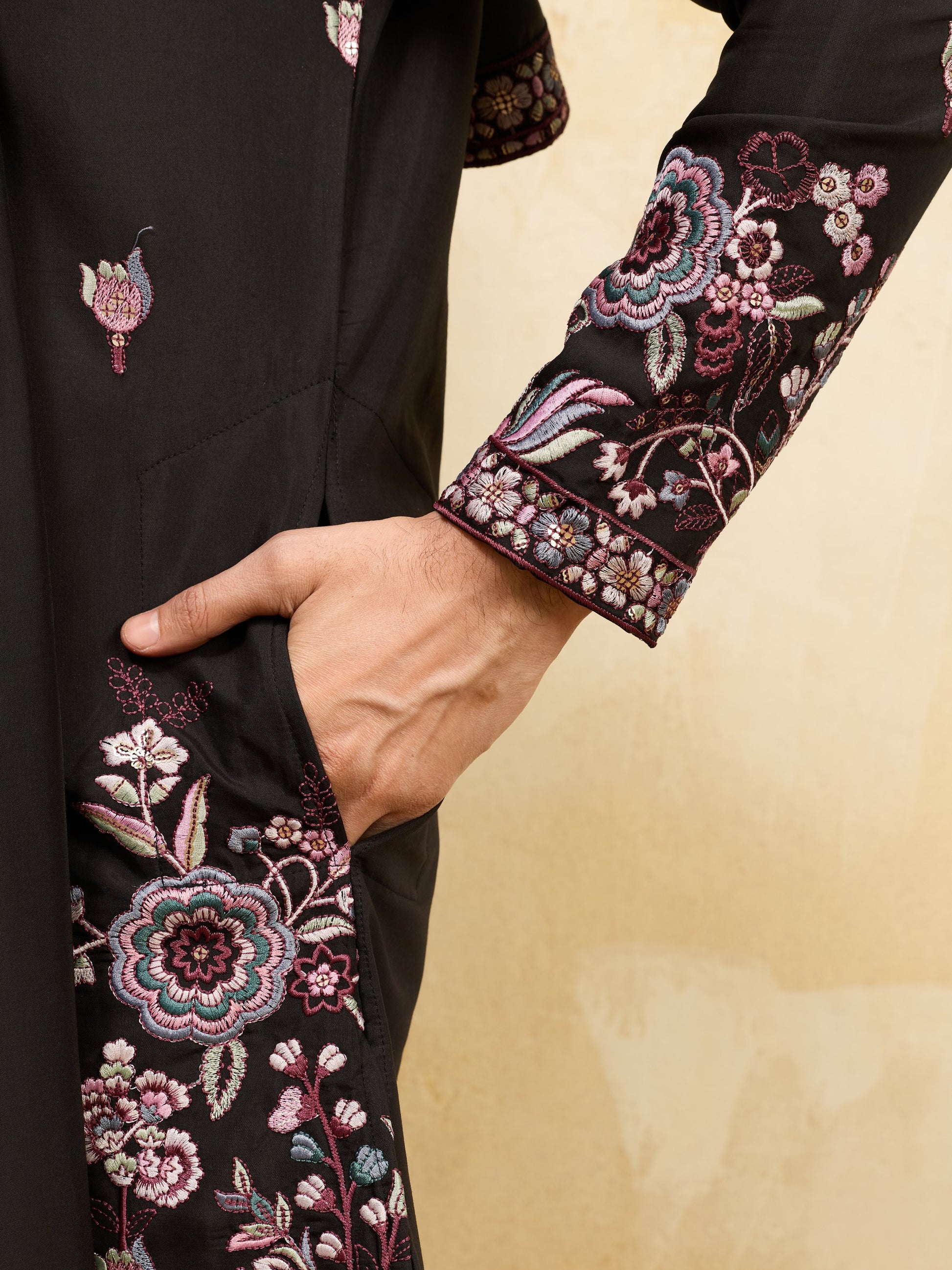 Outstanding Black Thread Embroidery Viscose Silk Marriage Wear Men's Kurta With Dupatta