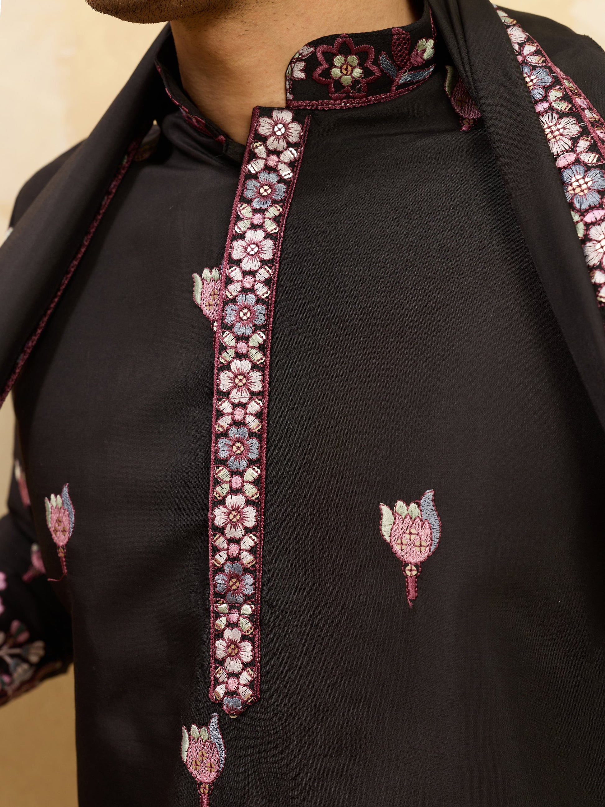 Outstanding Black Thread Embroidery Viscose Silk Marriage Wear Men's Kurta With Dupatta